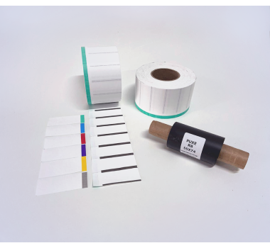 Kit 19: 3.600 Etiquetas Serrilhadas 50x20mm c/ tarja colorida + 1 Ribbon R8 55mm x 74m