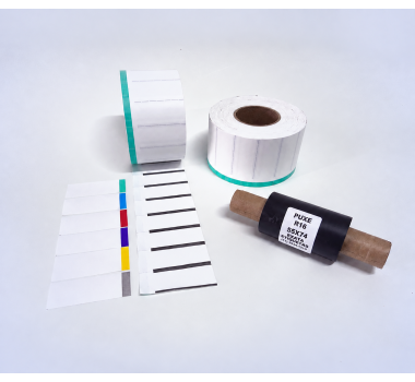 Kit 19: 3.600 Etiquetas Serrilhadas 50x20mm c/ tarja colorida + 1 Ribbon R16 55mm x 74m