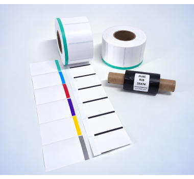Kit 20: 1.800 Etiquetas Serrilhadas 50x40mm c/ tarja colorida + 1 Ribbon R16 55mm x 74m