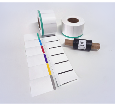 Kit 20: 1.800 Etiquetas Serrilhadas 50x40mm c/ tarja colorida + 1 Ribbon R8 55mm x 74m
