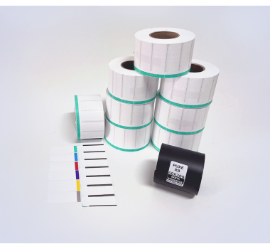 Kit 21: 14.400 Etiquetas Serrilhadas 50x20mm c/ tarja colorida + 1 Ribbon R8 60mm x 300m