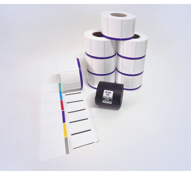 Kit 22: 8.240 Etiquetas Serrilhadas 50x35mm c/ tarja colorida + 1 Ribbon R8 60mm x 300m