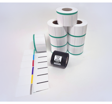 Kit 23: 7.200 Etiquetas Serrilhadas 50x40mm c/ tarja colorida + 1 Ribbon R16 55mm x 300m 
