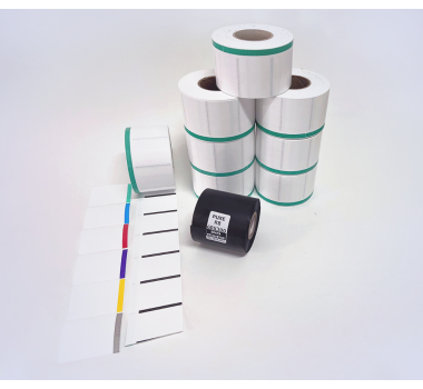 Kit 23: 7.200 Etiquetas Serrilhadas 50x40mm c/ tarja colorida + 1 Ribbon R8 60mm x 300m