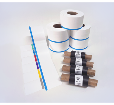Kit 24: 6 Rolos Contínuos 50mm x 48m c/ tarja colorida + 4 Ribbons R8 55mm x 74m