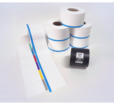 Kit 25: 6 Rolos Contínuos 50mm x 48m c/ tarja colorida + 1 Ribbon R8 60mm x 300m