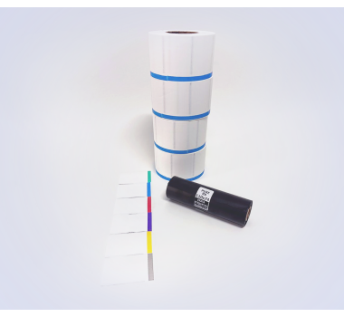 Kit 31: 3.600 Etiquetas Serrilhadas 50x40mm c/ tarja colorida + 1 Ribbon R8 110mm x 74m