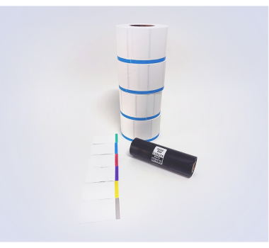 Kit 31: 3.600 Etiquetas Serrilhadas 50x40mm c/ tarja colorida + 1 Ribbon R16 110mm x 74m