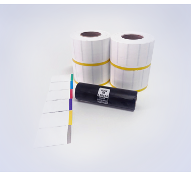 Kit 36: 7.200 Etiquetas Serrilhadas 50x20mm c/ tarja colorida + 1 Ribbon R8 110mm x 74m