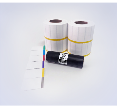 Kit 36: 7.200 Etiquetas Serrilhadas 50x20mm c/ tarja colorida + 1 Ribbon R16 110mm x 74m