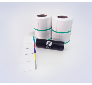 Kit 37: 2.400 Etiquetas Serrilhadas 50x60mm c/ tarja colorida + 1 Ribbon R8 110mm x 74m