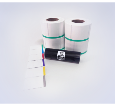 Kit 37: 2.400 Etiquetas Serrilhadas 50x60mm c/ tarja colorida + 1 Ribbon R16 110mm x 74m