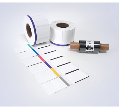 Kit 09: 2.060 Etiquetas Serrilhadas 50x35mm c/ tarja colorida + 1 Ribbon R8 55mm x 74m