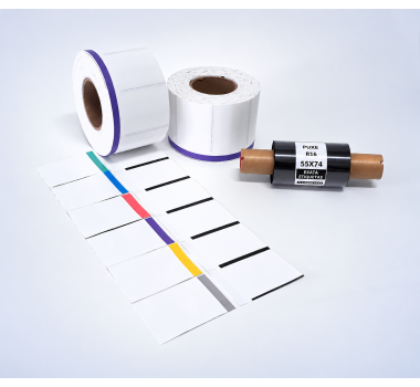 Kit 09: 2.060 Etiquetas Serrilhadas 50x35mm c/ tarja colorida + 1 Ribbon R16 55mm x 74m