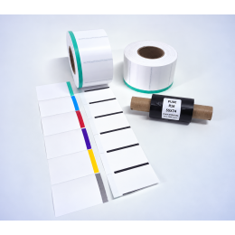 Kit 20: 1.800 Etiquetas Serrilhadas 50x40mm c/ tarja colorida + 1 Ribbon R16 55mm x 74m