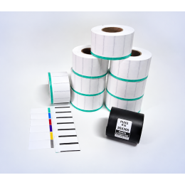 Kit 21: 14.400 Etiquetas Serrilhadas 50x20mm c/ tarja colorida + 1 Ribbon R16 55mm x 300m 