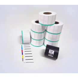 Kit 21: 14.400 Etiquetas Serrilhadas 50x20mm c/ tarja colorida + 1 Ribbon R8 60mm x 300m