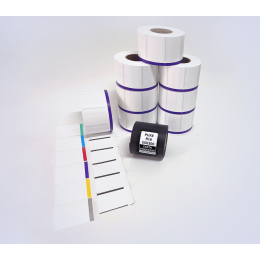 Kit 22: 8.240 Etiquetas Serrilhadas 50x35mm c/ tarja colorida + 1 Ribbon R16 55mm x 300m 