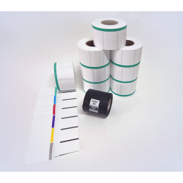 Kit 23: 7.200 Etiquetas Serrilhadas 50x40mm c/ tarja colorida + 1 Ribbon R8 60mm x 300m