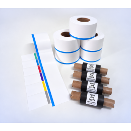 Kit 24: 6 Rolos Contínuos 50mm x 48m c/ tarja colorida + 4 Ribbons R16 55mm x 74m