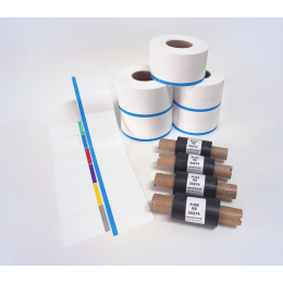 Kit 24: 6 Rolos Contínuos 50mm x 48m c/ tarja colorida + 4 Ribbons R8 55mm x 74m