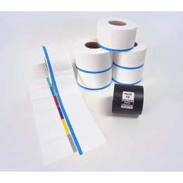 Kit 25: 6 Rolos Contínuos 50mm x 48m c/ tarja colorida + 1 Ribbon R8 60mm x 300m
