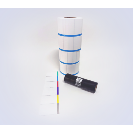 Kit 31: 3.600 Etiquetas Serrilhadas 50x40mm c/ tarja colorida + 1 Ribbon R8 110mm x 74m