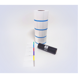 Kit 31: 3.600 Etiquetas Serrilhadas 50x40mm c/ tarja colorida + 1 Ribbon R16 110mm x 74m