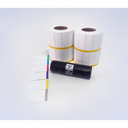 Kit 36: 7.200 Etiquetas Serrilhadas 50x20mm c/ tarja colorida + 1 Ribbon R8 110mm x 74m