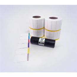 Kit 36: 7.200 Etiquetas Serrilhadas 50x20mm c/ tarja colorida + 1 Ribbon R16 110mm x 74m