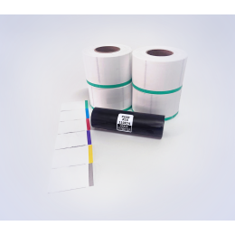Kit 37: 2.400 Etiquetas Serrilhadas 50x60mm c/ tarja colorida + 1 Ribbon R16 110mm x 74m