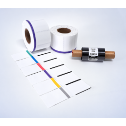 Kit 09: 2.060 Etiquetas Serrilhadas 50x35mm c/ tarja colorida + 1 Ribbon R16 55mm x 74m